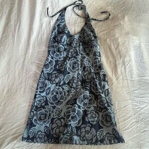 Opera blue floral halter neck dress with zipper back